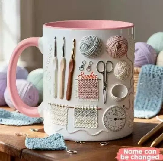 Keramisk Kaffemugg med Stickat Mönster – Mysig Tekopp med Virkad Design