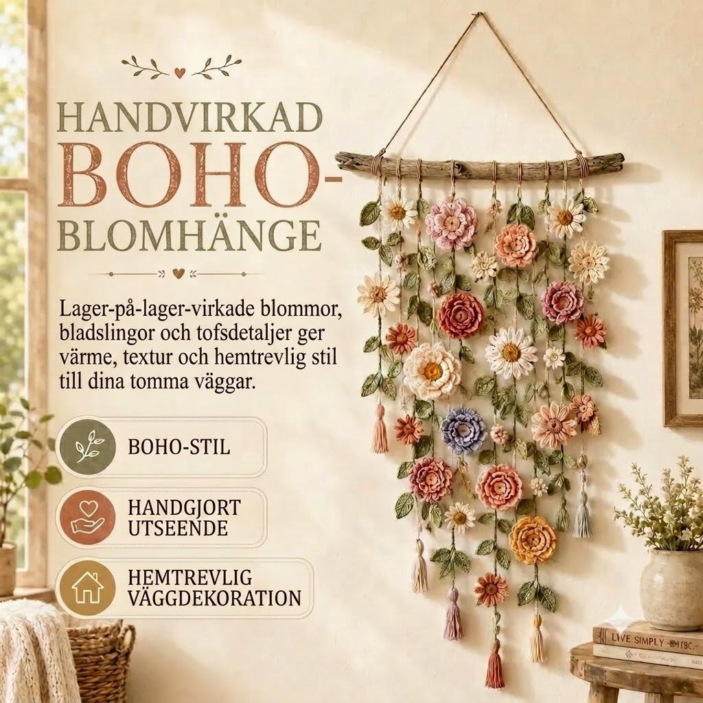 Handvirkad Blommig Väggbonad i Boho-stil – För Vardagsrum och Sovrum