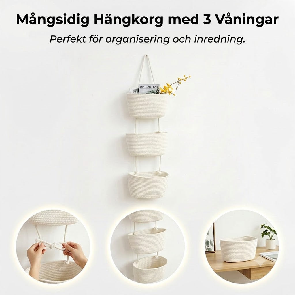 Vägghylla i Tre Plan med Bohemisk Repdesign – Utrymmesbesparande och Snygg Förvaring