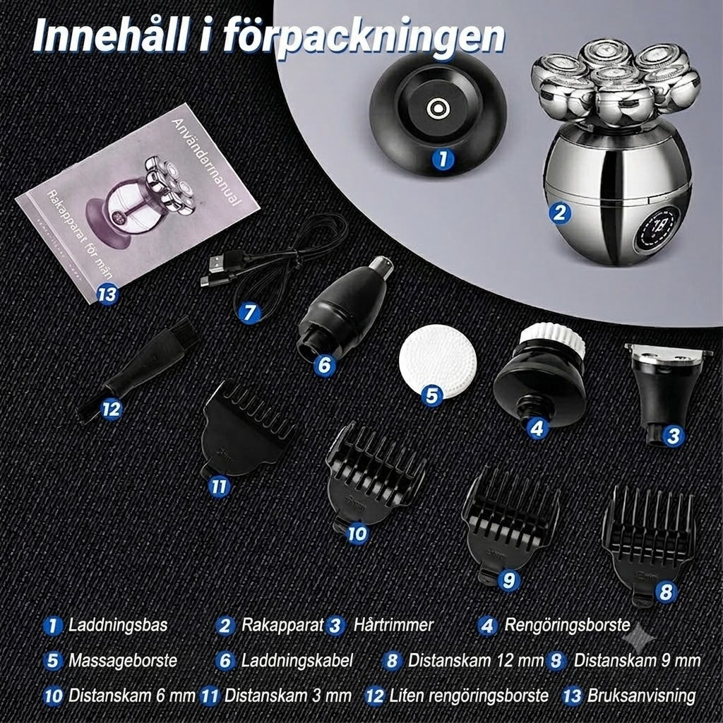 Vexton™ Pro 7D Roterande Shaver Set 5-i-1 – Sladdlös Rakapparat för Våt- och Torrakning
