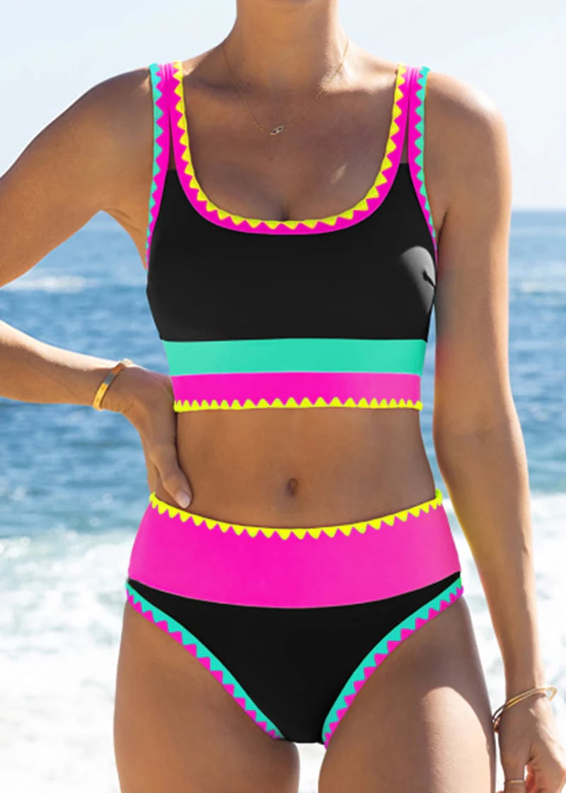 3-delad Sportig Bikini i Kontrastfärger – Hög Midja med Magkontroll