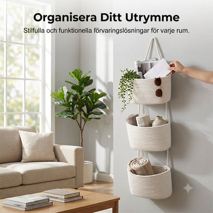 Vägghylla i Tre Plan med Bohemisk Repdesign – Utrymmesbesparande och Snygg Förvaring