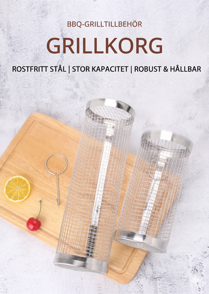 Rostfri Grillkorg i Rullande Design – För Jämn Grillning Utan Krångel