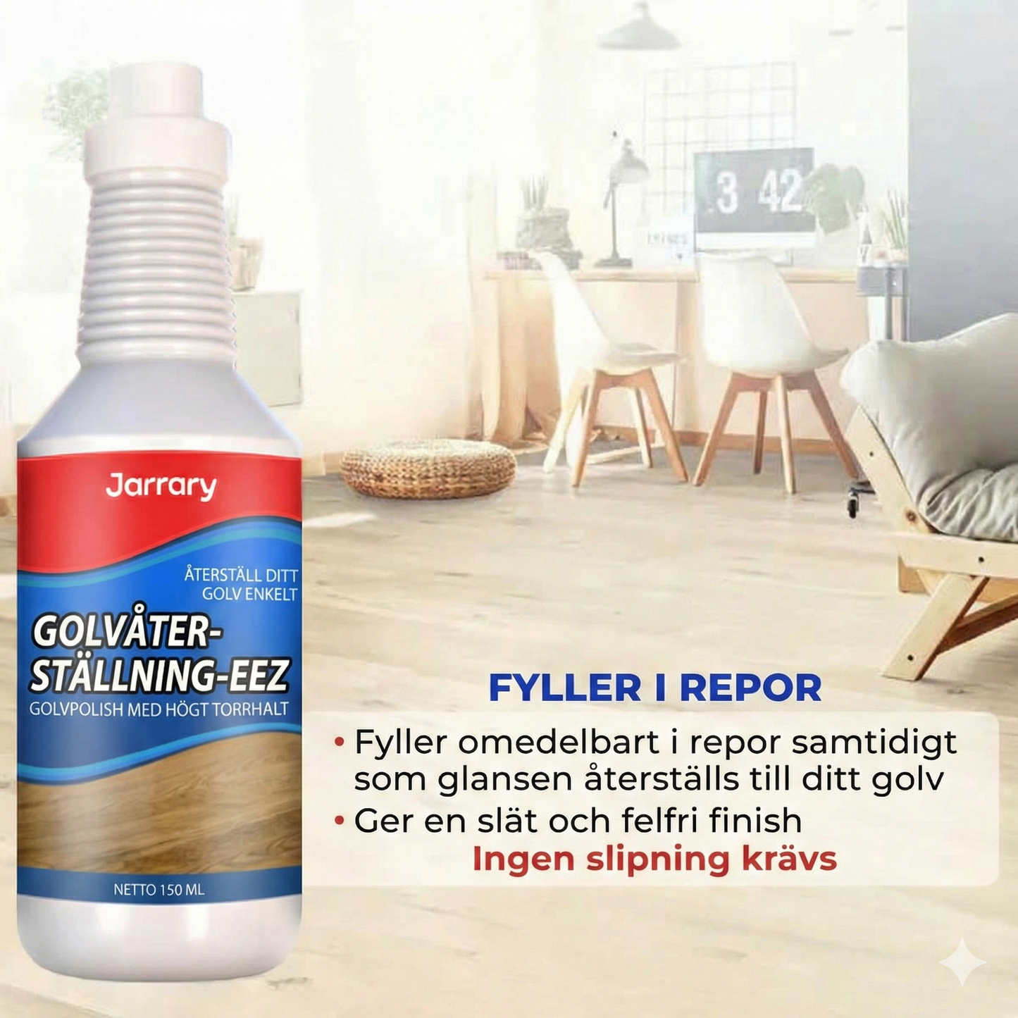 NordicShine™ Högblank Golvpolish & Renöring – Omedelbar Glans & Repskydd för Trä, Laminat och Parkett