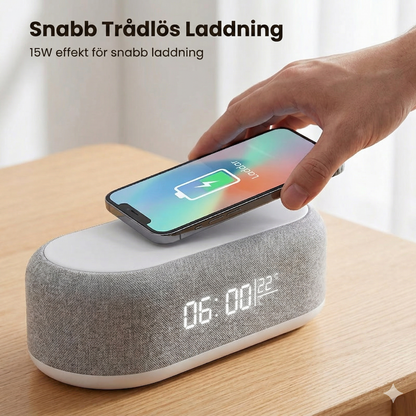 6-i-1 Trådlös Laddningsstation 25W – Klocka, Högtalare & Nattlampa