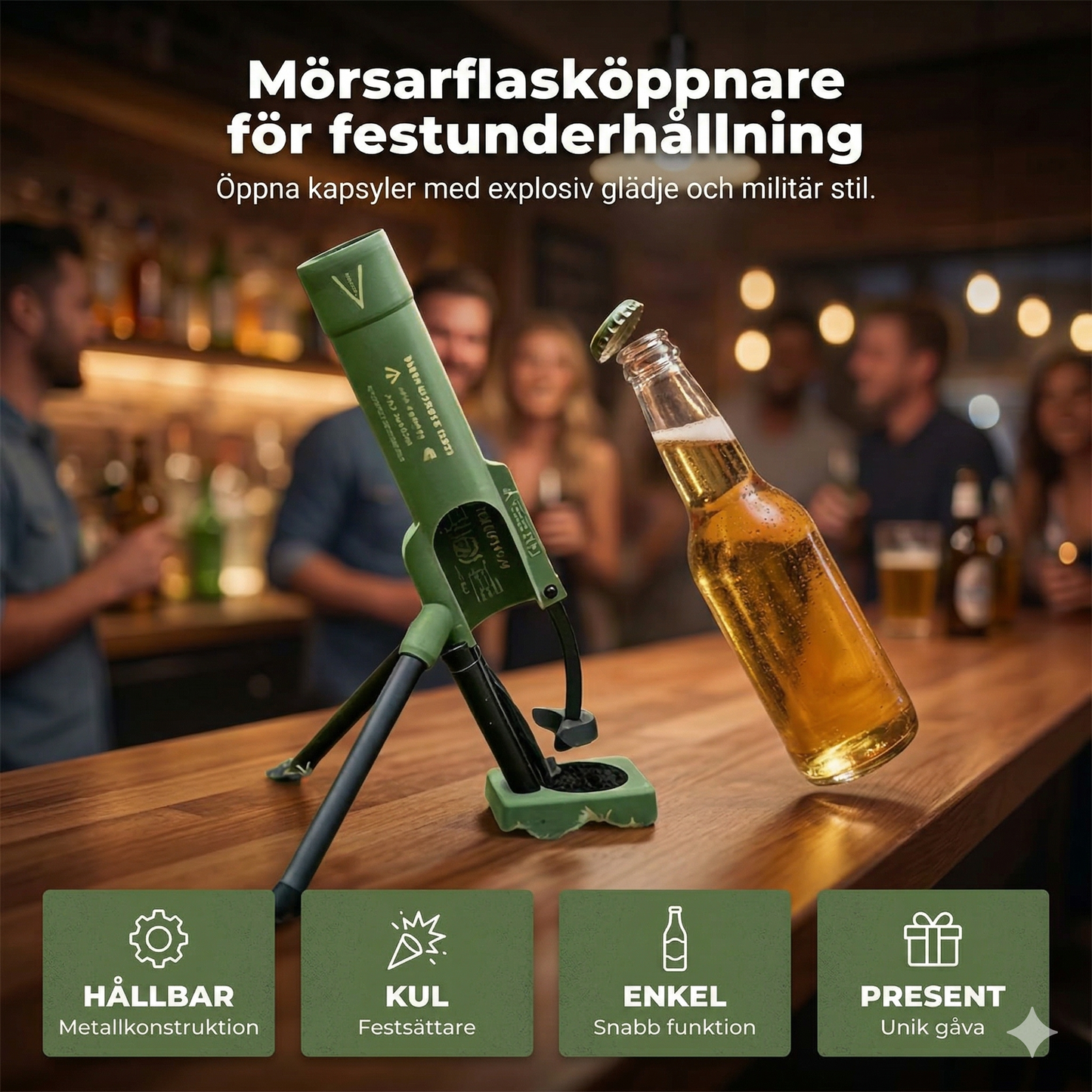 Robust Flasköppnare "Granatkastaren" – Unik Militärdesign i Metall