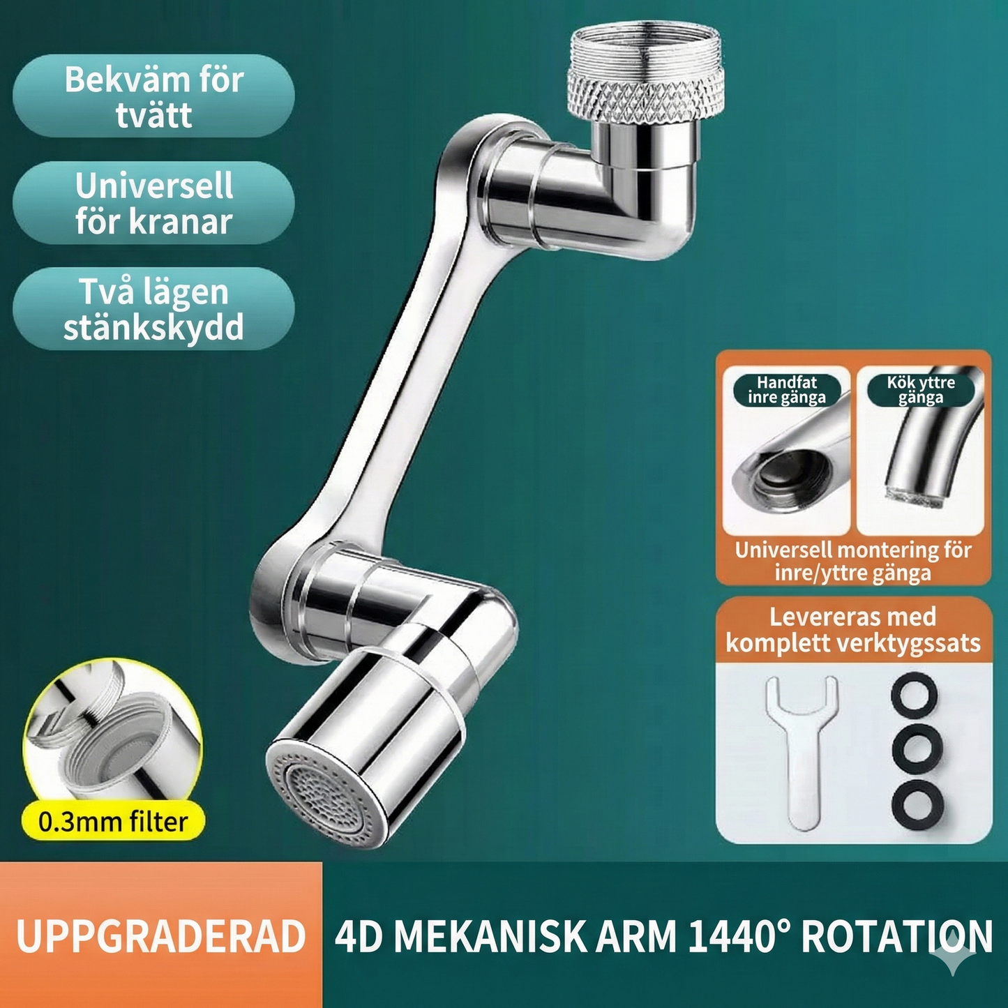 Premium Robotarm Kranförlängare i Metall (1440° Rotation) – Universellt Munstycke för Badrum & Kök – 2 Vattenlägen