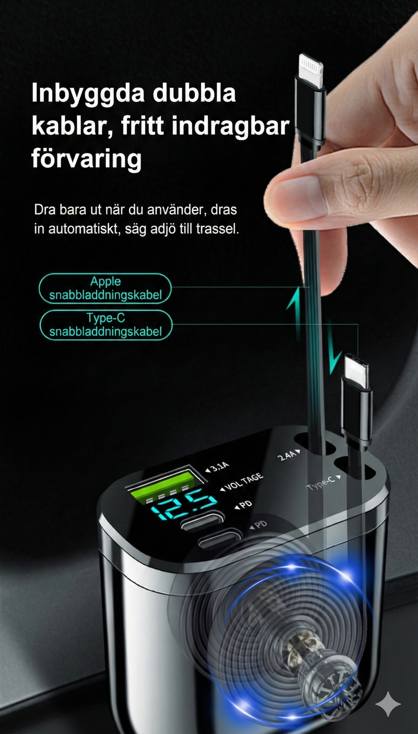 Uppgraderad 5-i-1 Billaddare med Utdragbara kablar & Stjärnhimmel