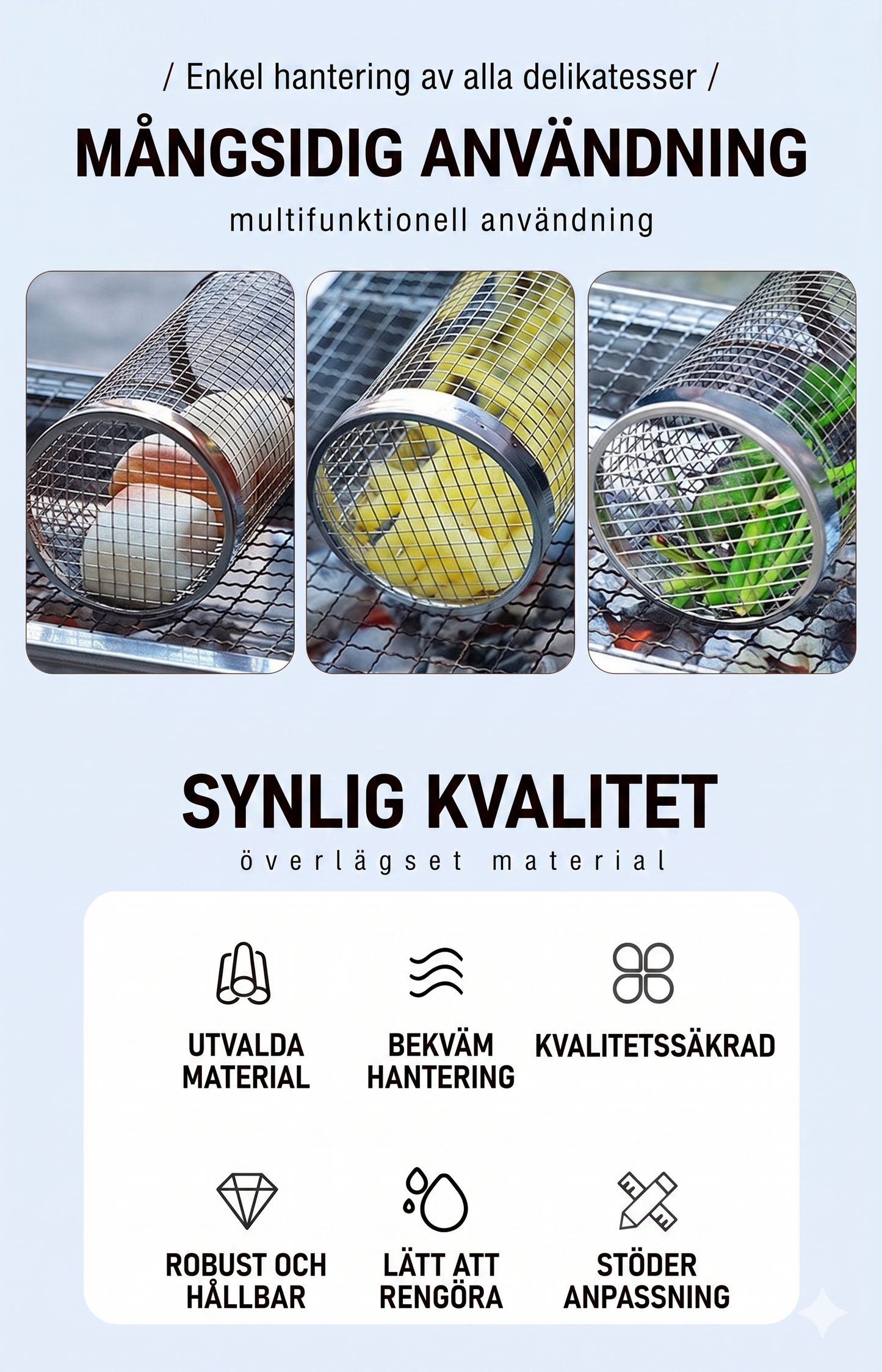Rostfri Grillkorg i Rullande Design – För Jämn Grillning Utan Krångel