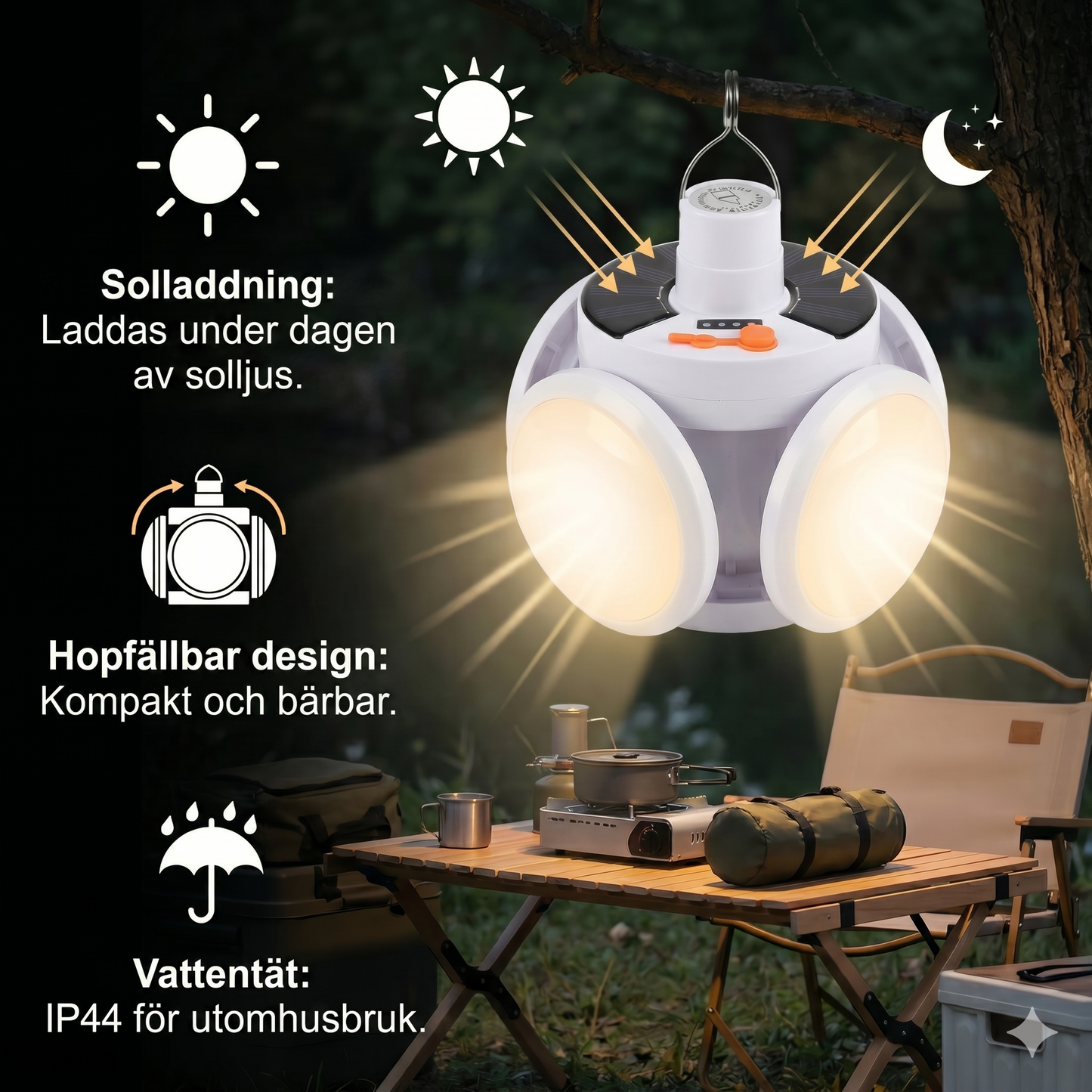 Solcellsriven & USB-laddningsbar Utomhuslampa (Klot)