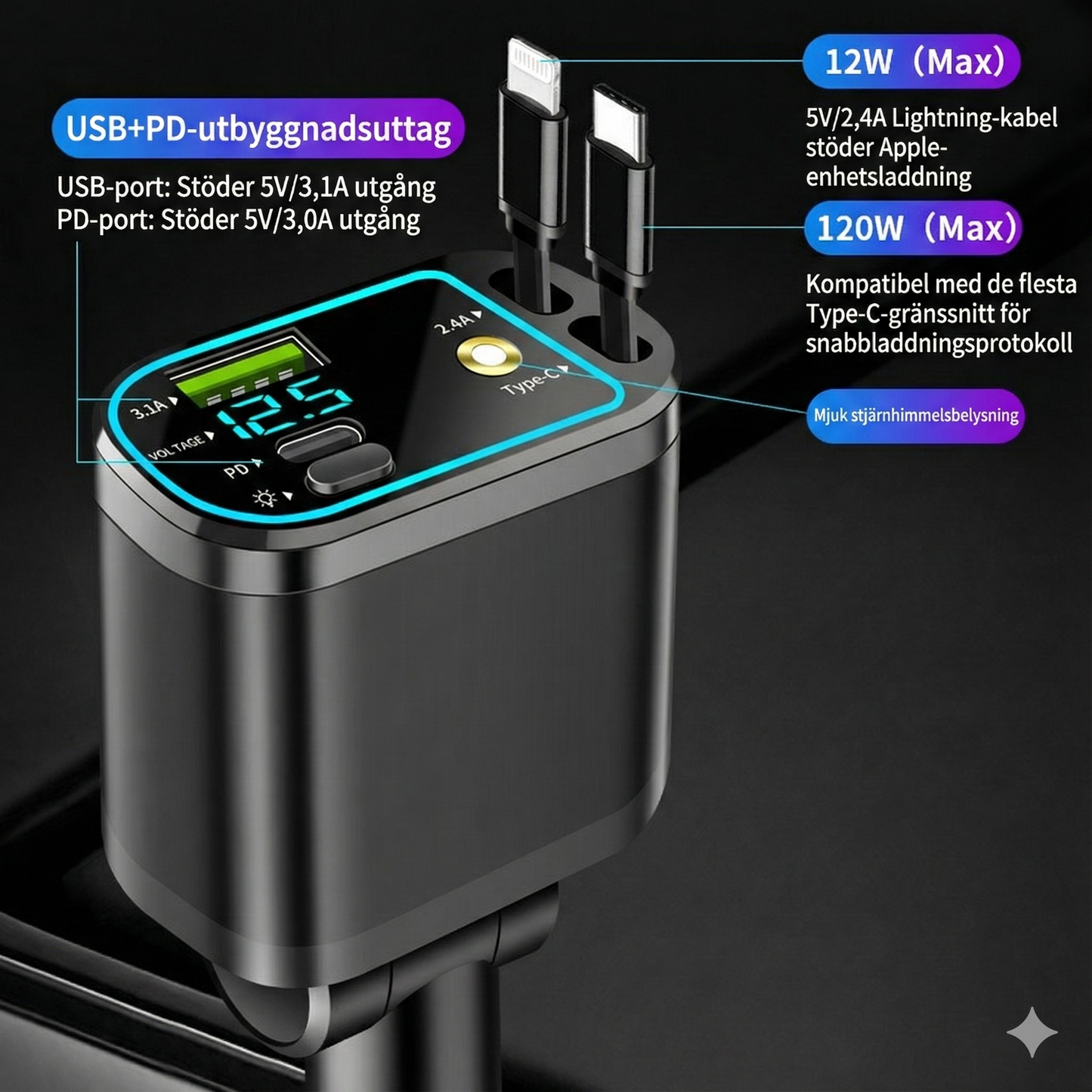 Uppgraderad 5-i-1 Billaddare med Utdragbara kablar & Stjärnhimmel
