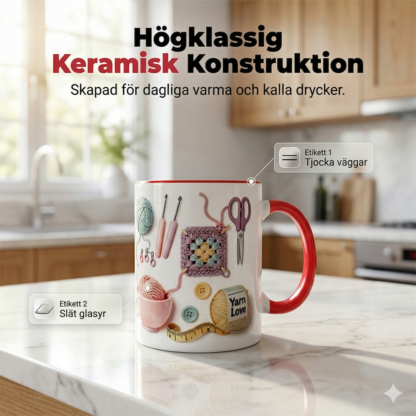 Keramisk Kaffemugg med Stickat Mönster – Mysig Tekopp med Virkad Design