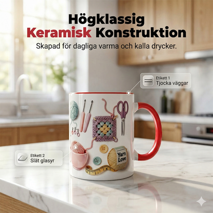 Keramisk Kaffemugg med Stickat Mönster – Mysig Tekopp med Virkad Design