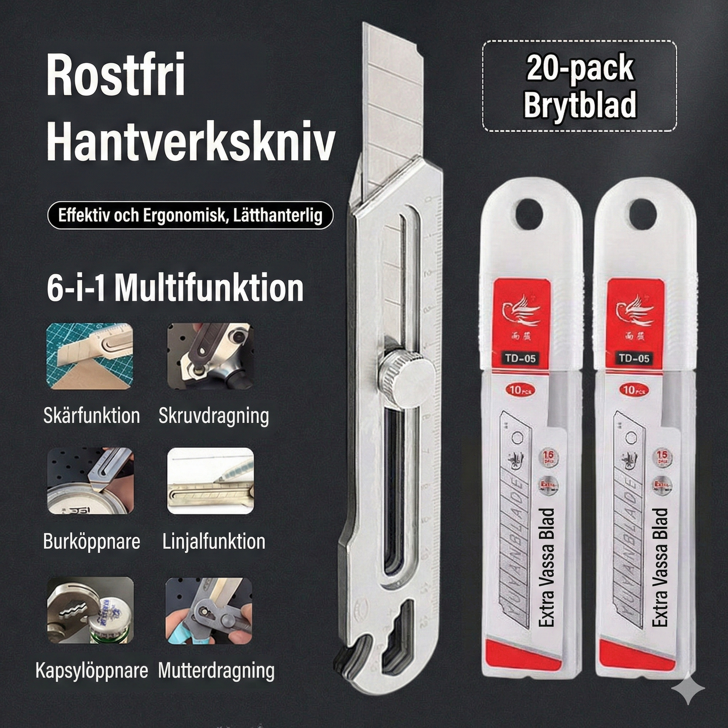 Premium Rostfri Brytkniv – Japanskt Stål & 6 Smarta Verktyg i ett