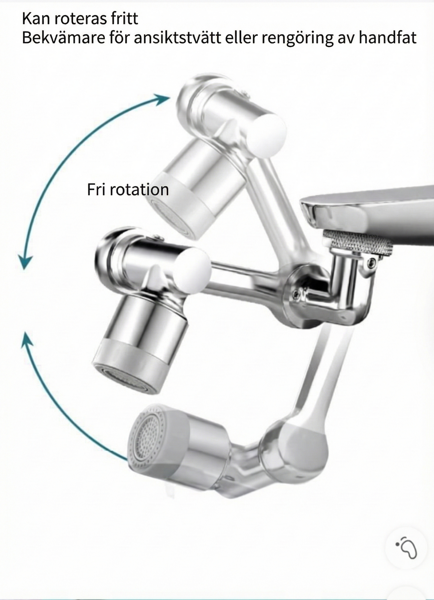 Premium Robotarm Kranförlängare i Metall (1440° Rotation) – Universellt Munstycke för Badrum & Kök – 2 Vattenlägen