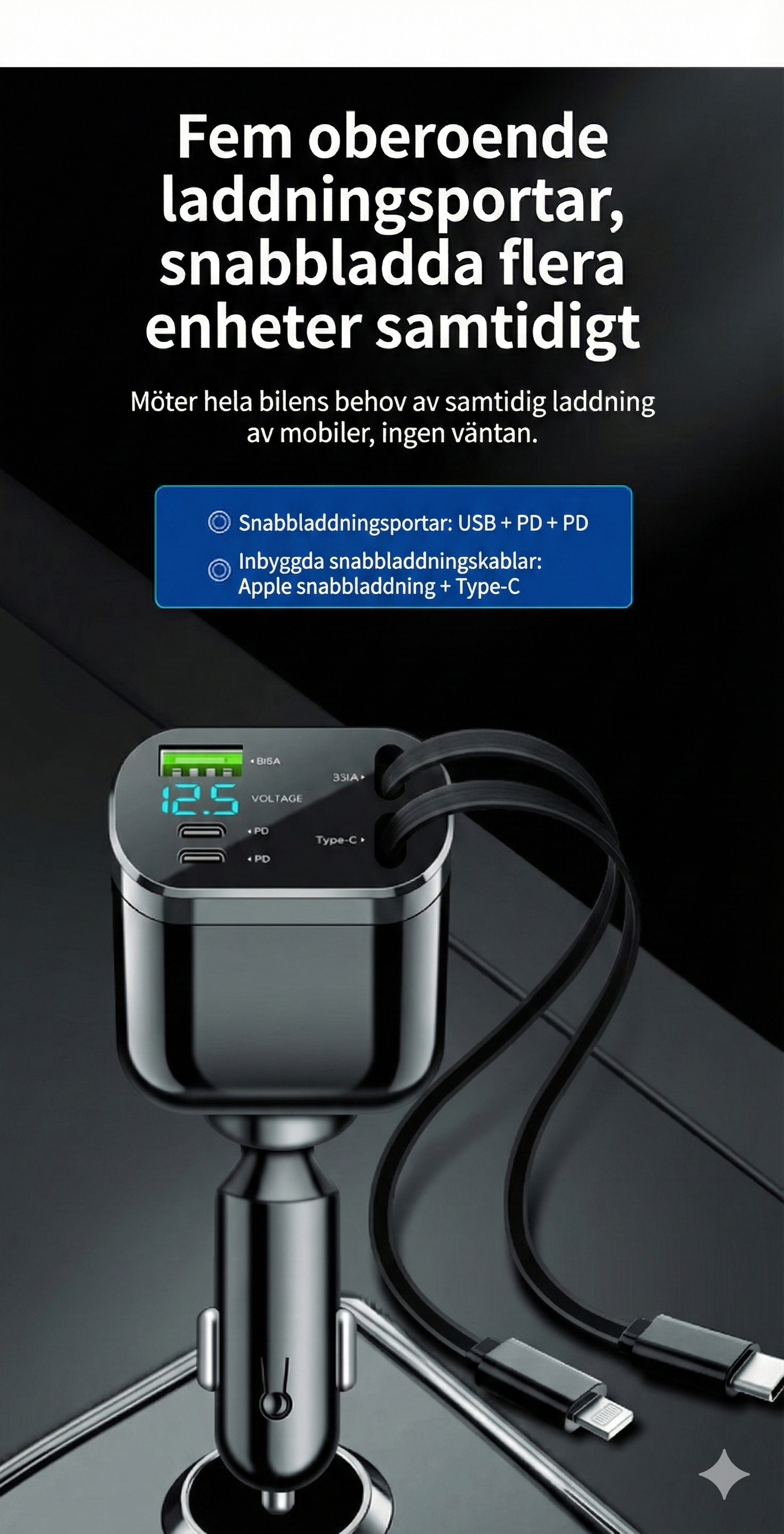 Uppgraderad 5-i-1 Billaddare med Utdragbara kablar & Stjärnhimmel