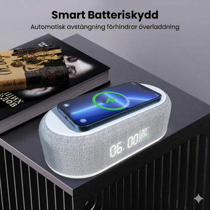 6-i-1 Trådlös Laddningsstation 25W – Klocka, Högtalare & Nattlampa