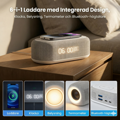 6-i-1 Trådlös Laddningsstation 25W – Klocka, Högtalare & Nattlampa