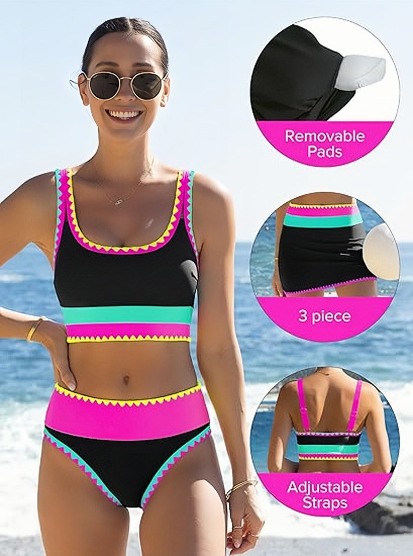 3-delad Sportig Bikini i Kontrastfärger – Hög Midja med Magkontroll
