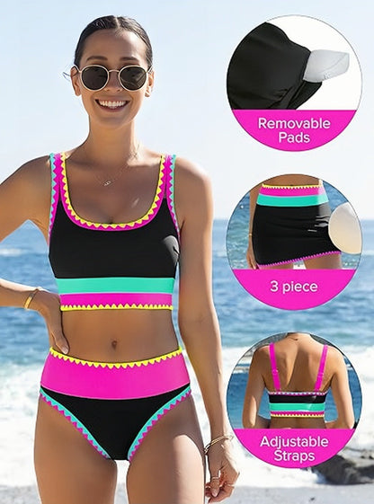 3-delad Sportig Bikini i Kontrastfärger – Hög Midja med Magkontroll