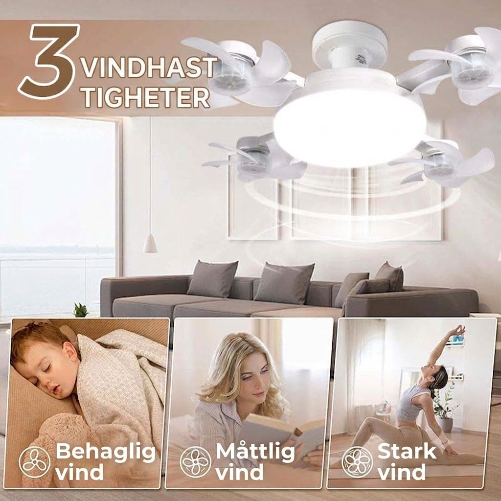 Takfläkt med E27-sockel och LED-belysning – Tystgående Två-i-ett Fläkt med Fjärrkontroll