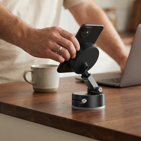 Portabel Vakuum-Mobilhållare (Stark Magnet) – Fäst på Glas, Spegel och Skärm Helt Utan Limrester – För Bil, Gym & Kontor