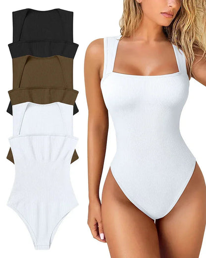ScandiSculpt™Ribbad Body för Dam med Fyrkantig Ringning – Shapewear Bodysuit som Håller in Magen