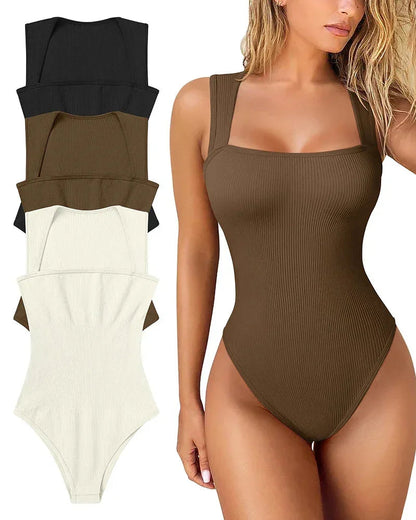 ScandiSculpt™Ribbad Body för Dam med Fyrkantig Ringning – Shapewear Bodysuit som Håller in Magen