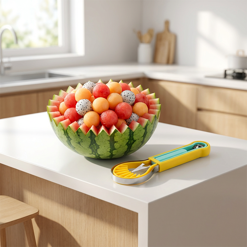 Multifunktionellt Fruktset med Melonballer – Rostfritt Stål och Tre-i-ett Köksredskap