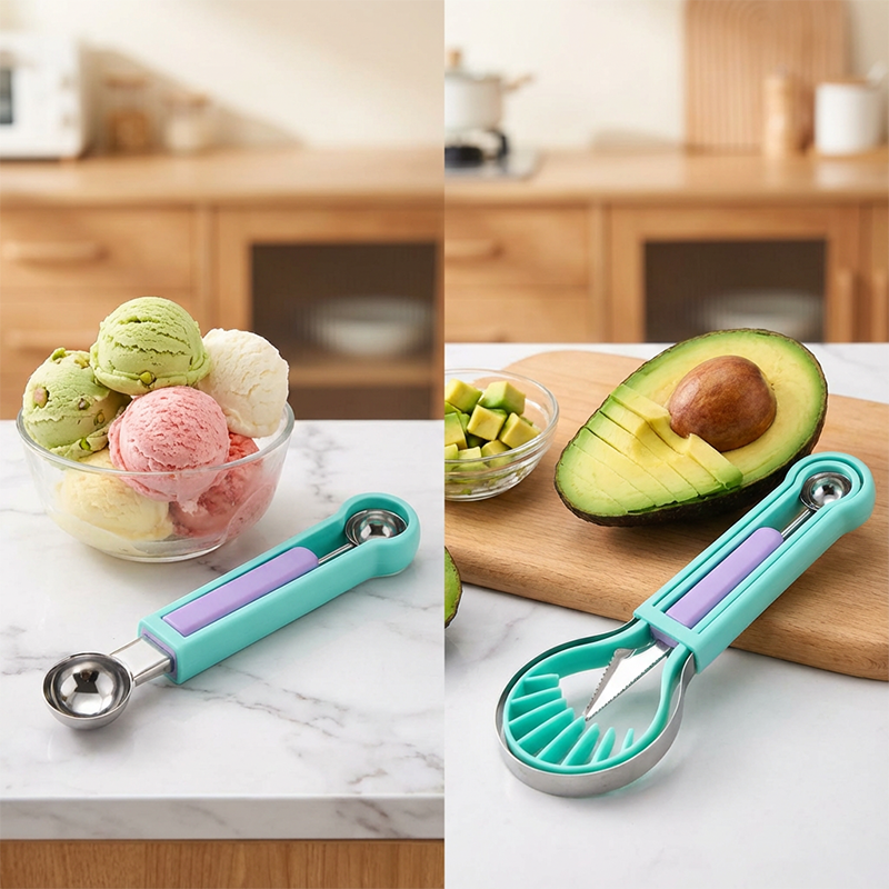 Multifunktionellt Fruktset med Melonballer – Rostfritt Stål och Tre-i-ett Köksredskap