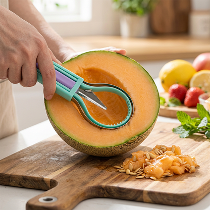 Multifunktionellt Fruktset med Melonballer – Rostfritt Stål och Tre-i-ett Köksredskap