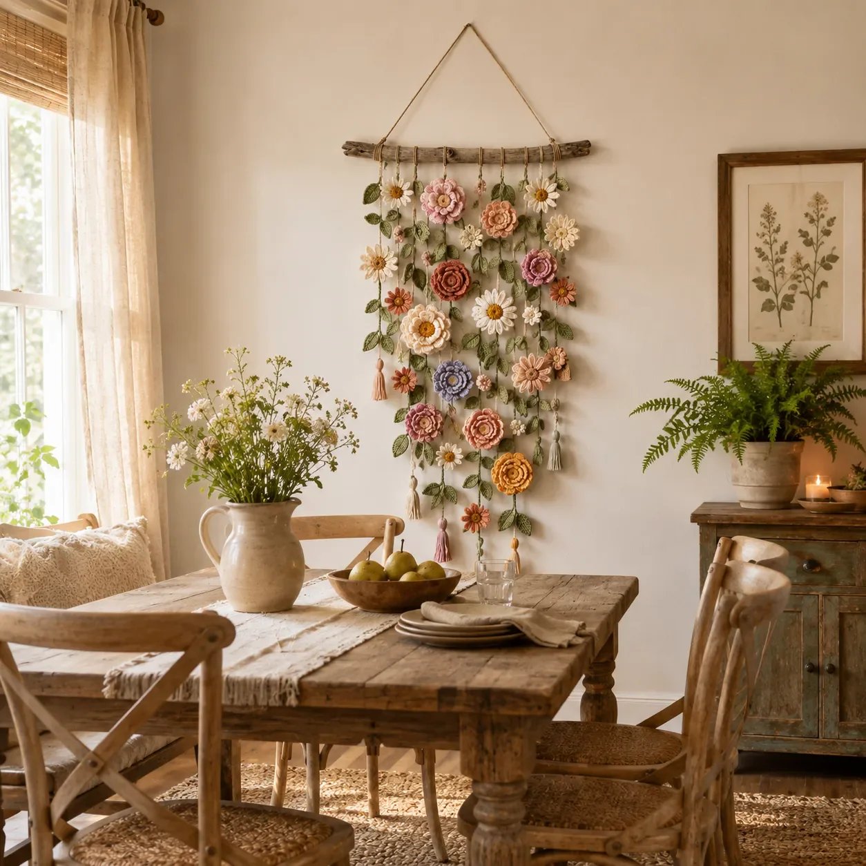 Handvirkad Blommig Väggbonad i Boho-stil – För Vardagsrum och Sovrum